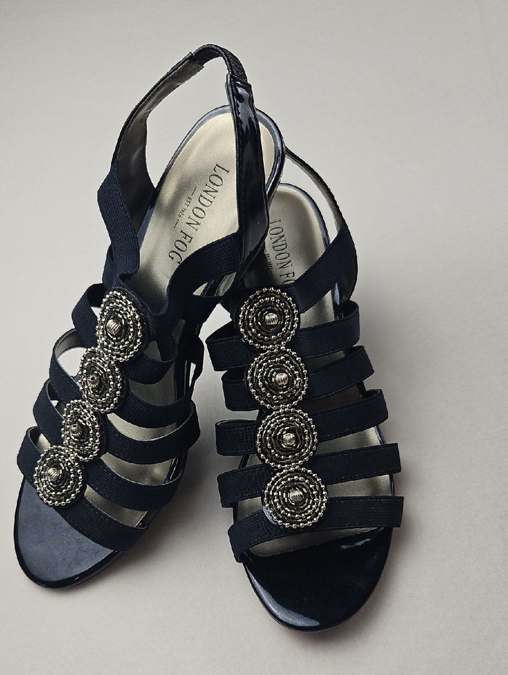 London Fog Navy Strappy Sandals with Silver Beaded Accents- Size 9M
